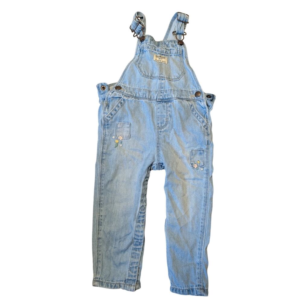 OshKosh B’gosh Baby Light Wash Blue Denim Overalls Size 18M Floral Embroidered